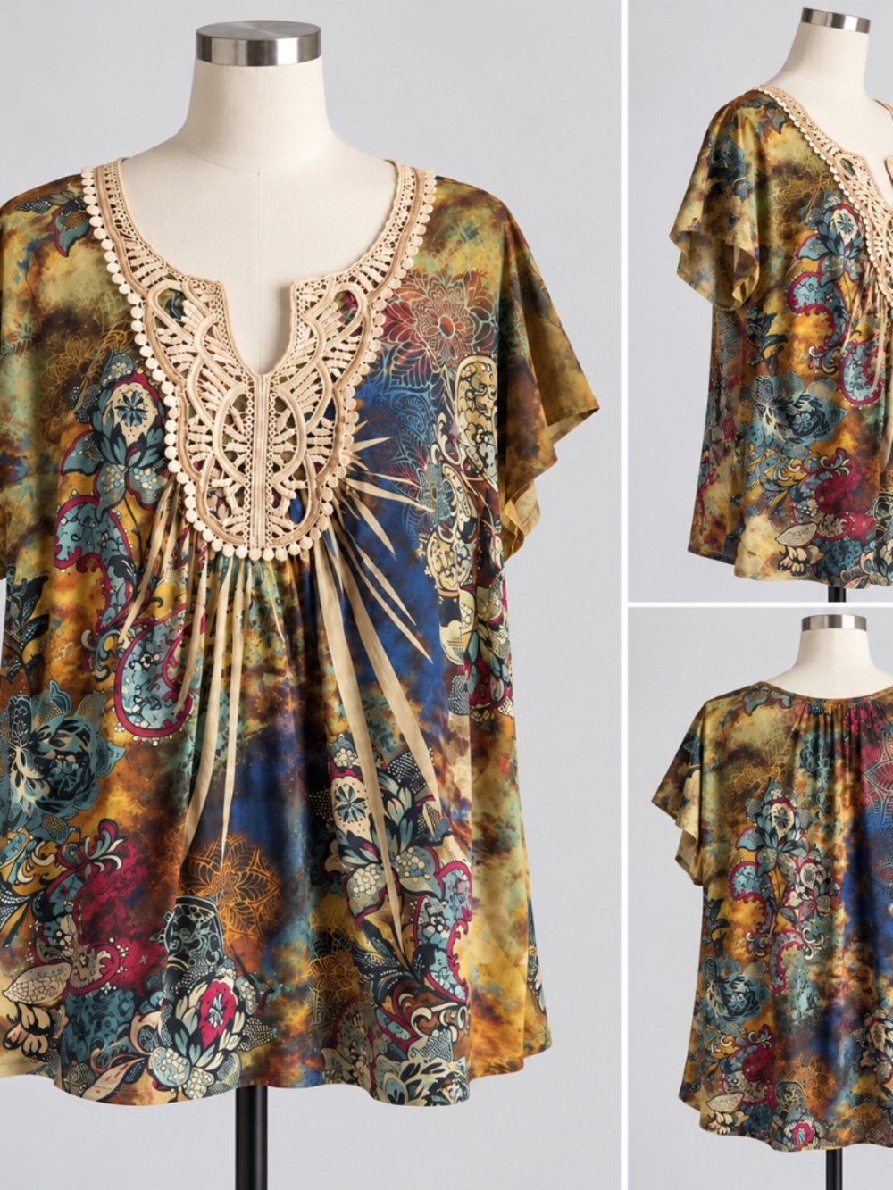 Old World Crochet Lace Neckline Tunic Blouse